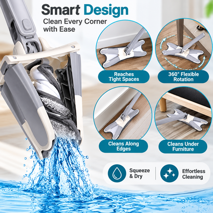 360° Microfiber Floor Mop – Wet & Dry Self-Wringing Flat Mop with Reusable Pads